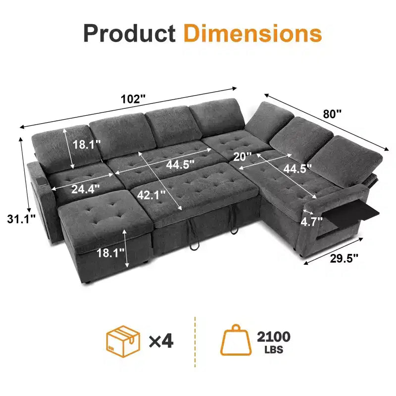 Divano letto angolare a L a 7 posti con letto estraibile, porte USB, luce LED, schienale reclinabile, tavolino laterale e pouf, divano in ciniglia