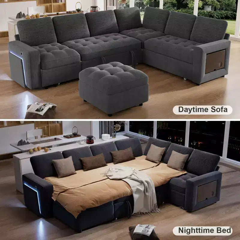 Divano letto angolare a L a 7 posti con letto estraibile, porte USB, luce LED, schienale reclinabile, tavolino laterale e pouf, divano in ciniglia