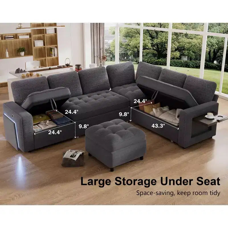 Divano letto angolare a L a 7 posti con letto estraibile, porte USB, luce LED, schienale reclinabile, tavolino laterale e pouf, divano in ciniglia