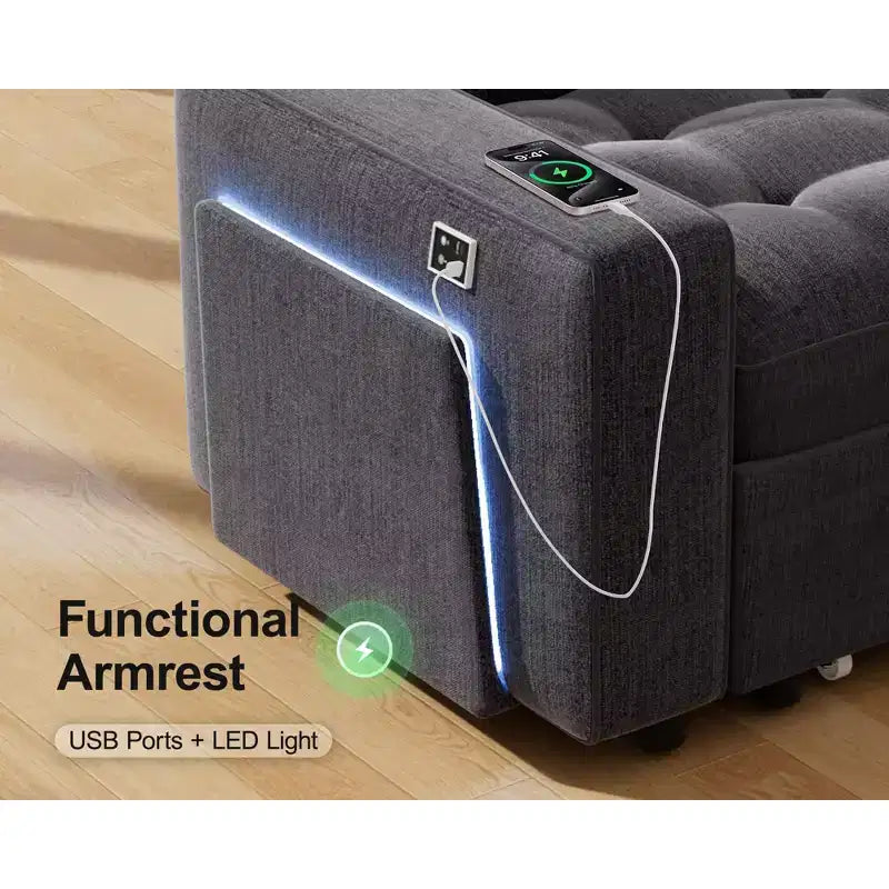 Divano letto angolare a L a 7 posti con letto estraibile, porte USB, luce LED, schienale reclinabile, tavolino laterale e pouf, divano in ciniglia