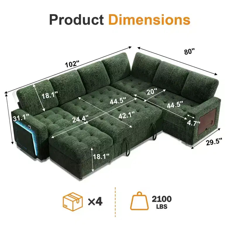 Divano letto angolare a L a 7 posti con letto estraibile, porte USB, luce LED, schienale reclinabile, tavolino laterale e pouf, divano in ciniglia