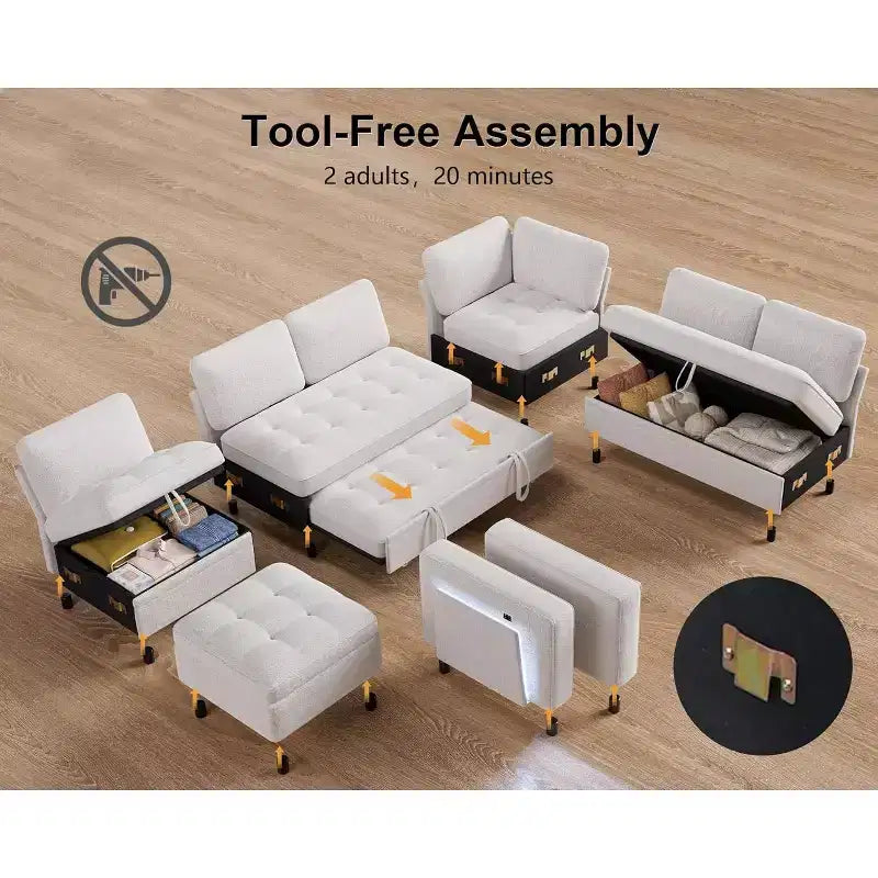 Divano letto angolare a L a 7 posti con letto estraibile, porte USB, luce LED, schienale reclinabile, tavolino laterale e pouf, divano in ciniglia