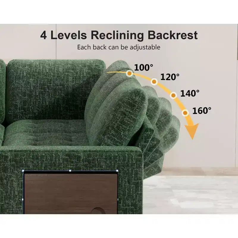 Divano letto angolare a L a 7 posti con letto estraibile, porte USB, luce LED, schienale reclinabile, tavolino laterale e pouf, divano in ciniglia