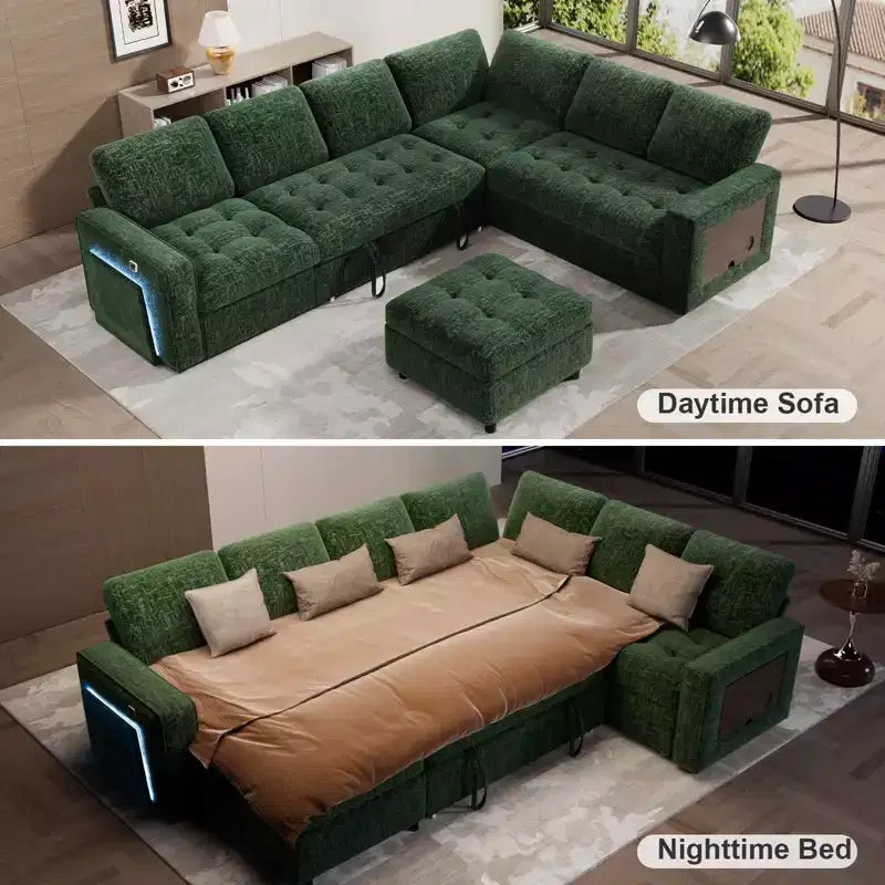 Divano letto angolare a L a 7 posti con letto estraibile, porte USB, luce LED, schienale reclinabile, tavolino laterale e pouf, divano in ciniglia