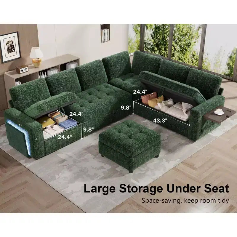 Divano letto angolare a L a 7 posti con letto estraibile, porte USB, luce LED, schienale reclinabile, tavolino laterale e pouf, divano in ciniglia