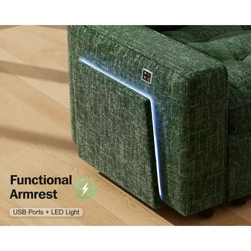 Divano letto angolare a L a 7 posti con letto estraibile, porte USB, luce LED, schienale reclinabile, tavolino laterale e pouf, divano in ciniglia