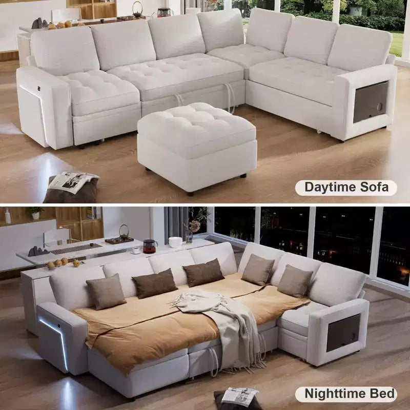 Divano letto angolare a L a 7 posti con letto estraibile, porte USB, luce LED, schienale reclinabile, tavolino laterale e pouf, divano in ciniglia