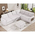 Dyonery 7 Seat L Shaped Sleeper Sofa Bed with Pull Out Bed, USB Ports, LED Light, Reclining Backrest, Side Table & Ottoman, Chenille Couch