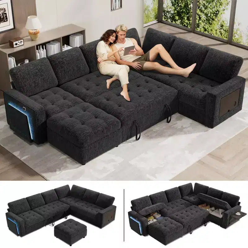 Divano letto angolare a L a 7 posti con letto estraibile, porte USB, luce LED, schienale reclinabile, tavolino laterale e pouf, divano in ciniglia