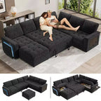 Divano letto angolare a L a 7 posti con letto estraibile, porte USB, luce LED, schienale reclinabile, tavolino laterale e pouf, divano in ciniglia