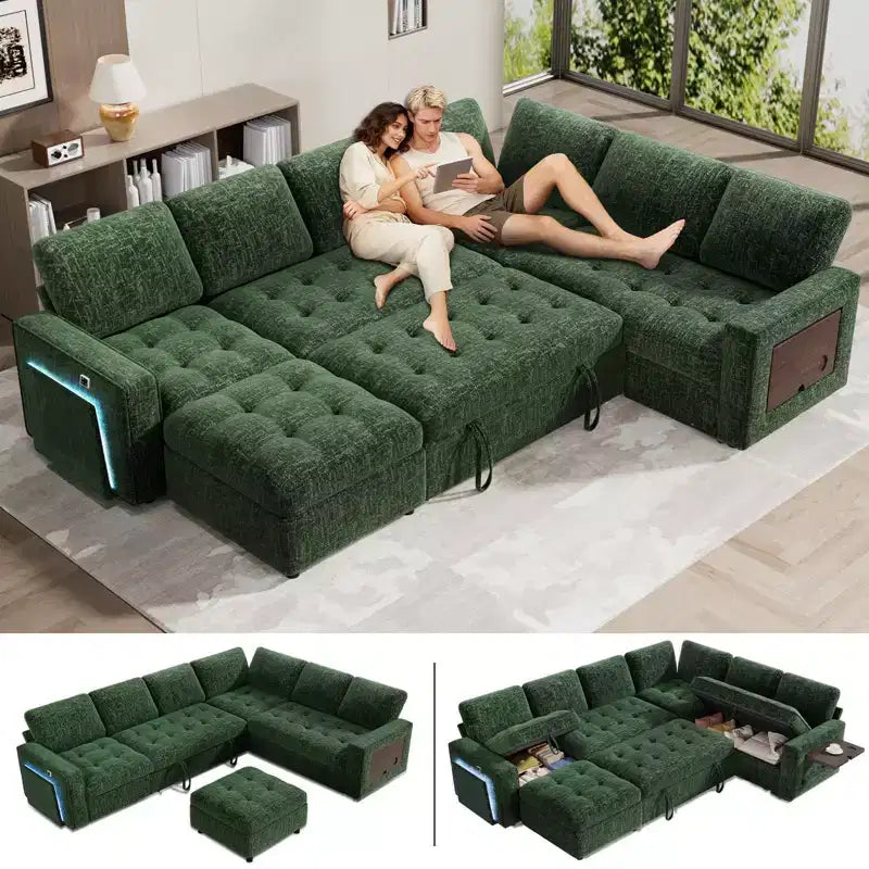 Divano letto angolare a L a 7 posti con letto estraibile, porte USB, luce LED, schienale reclinabile, tavolino laterale e pouf, divano in ciniglia