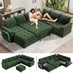 Divano letto angolare a L a 7 posti con letto estraibile, porte USB, luce LED, schienale reclinabile, tavolino laterale e pouf, divano in ciniglia