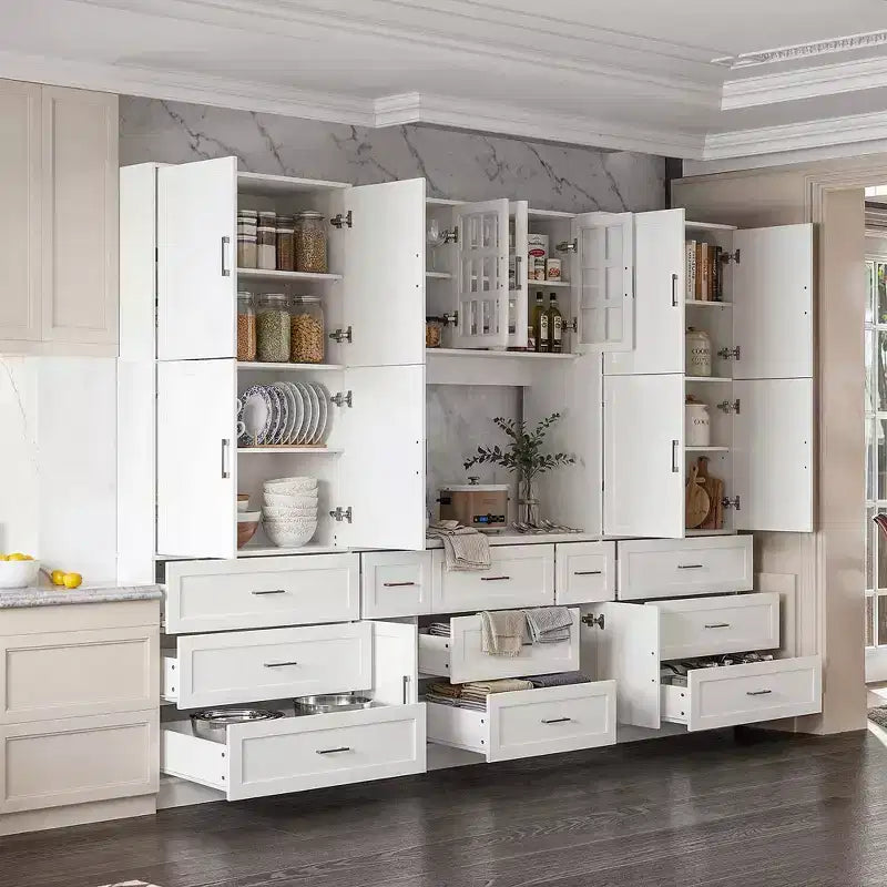 Dispensa da Cucina a Grande Capacità con Ripiani Regolabili, Piano di Lavoro Utilizzabile, Cassetti Multipli, Credenza per Alimenti, Organizzazione per la Cucina