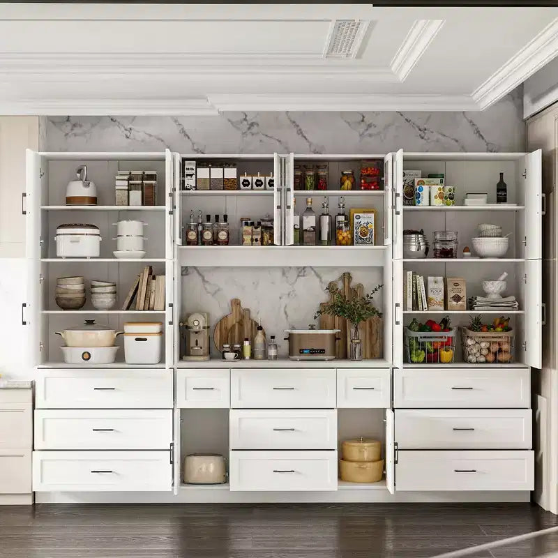 Dispensa da Cucina a Grande Capacità con Ripiani Regolabili, Piano di Lavoro Utilizzabile, Cassetti Multipli, Credenza per Alimenti, Organizzazione per la Cucina