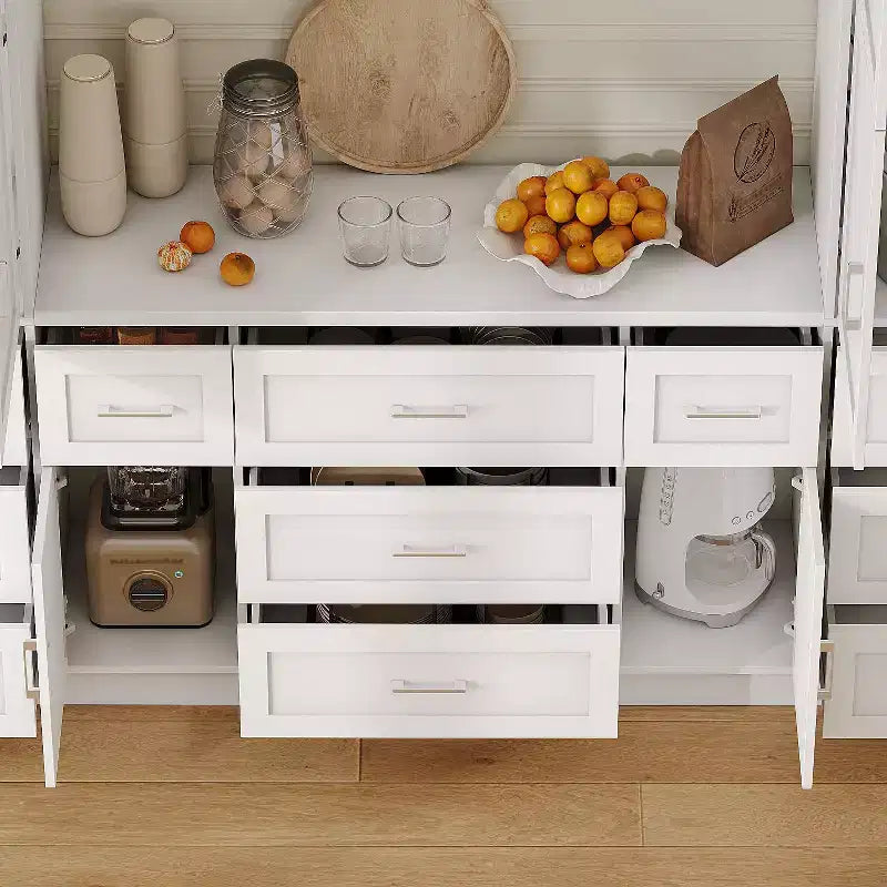 Dispensa da Cucina a Grande Capacità con Ripiani Regolabili, Piano di Lavoro Utilizzabile, Cassetti Multipli, Credenza per Alimenti, Organizzazione per la Cucina
