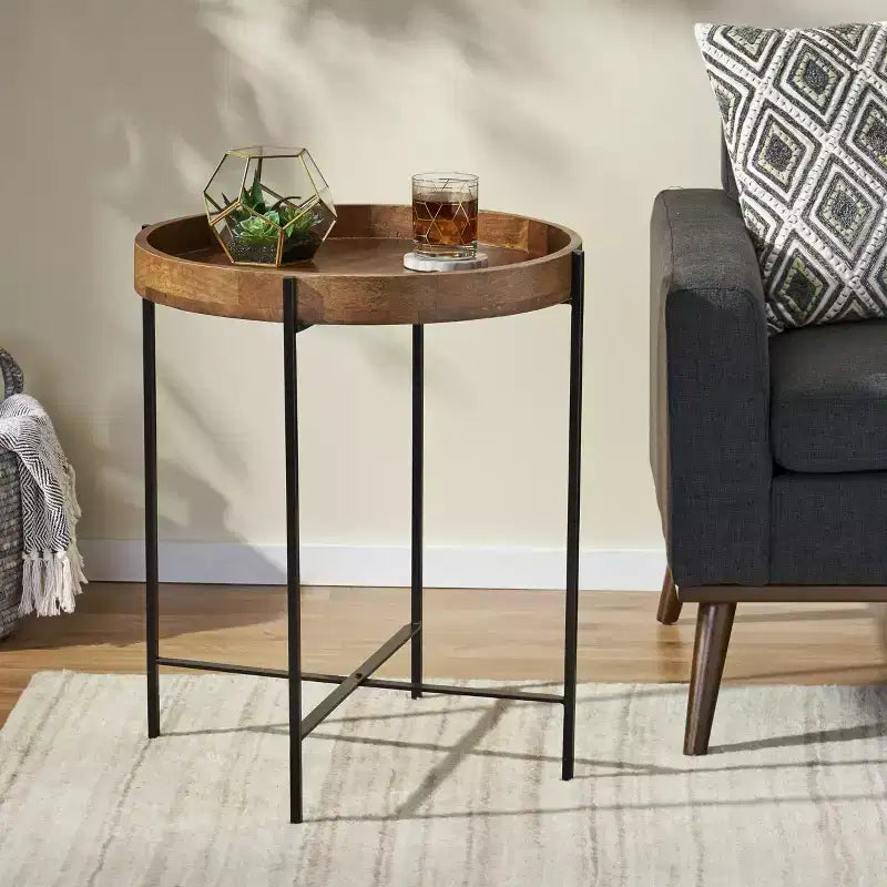 Okak Minimalism Round Side Table with Metal Reinforced Legs, End Table with Woodern Top, Tray Tables for Living Room, Balcony, Natural