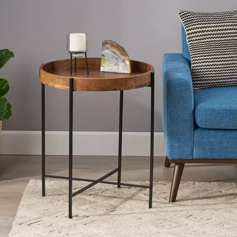 Minimalism Round Side Table with Metal Reinforced Legs, End Table with Wooden Top, Tray Tables for Living Room, Balcony, Natural