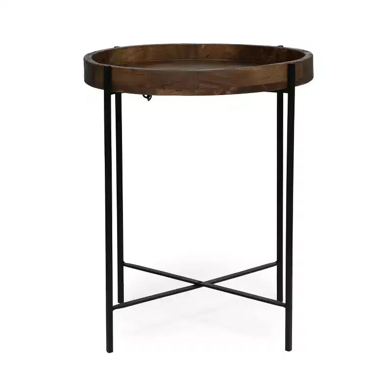 Minimalism Round Side Table with Metal Reinforced Legs, End Table with Wooden Top, Tray Tables for Living Room, Balcony, Natural