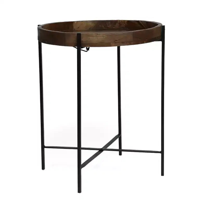 Minimalism Round Side Table with Metal Reinforced Legs, End Table with Wooden Top, Tray Tables for Living Room, Balcony, Natural
