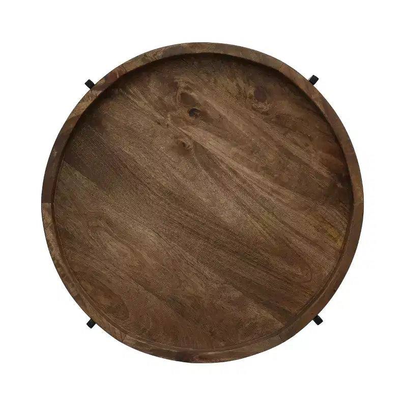 Tavolino rotondo minimalista con gambe rinforzate in metallo, tavolino da appoggio con piano in legno, tavolino vassoio per soggiorno, balcone, naturale