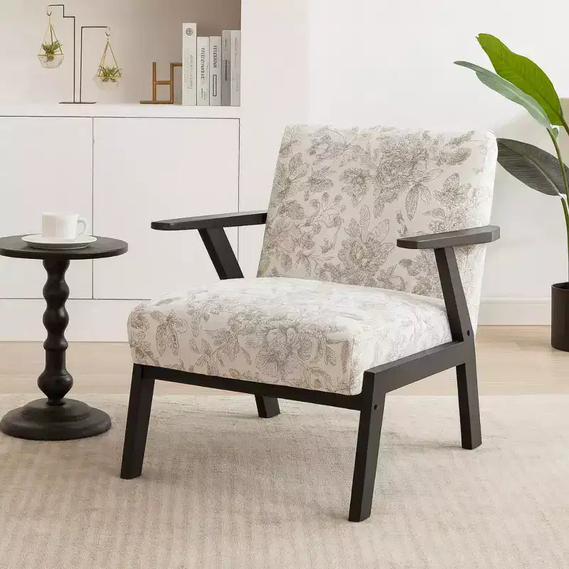 Homy Casa Mid-Century Modern Lounge Armchair with Solid Wood Frame, Upholstered Accent Chair for Living Room, Bedroom, or Study, Beige + Grey