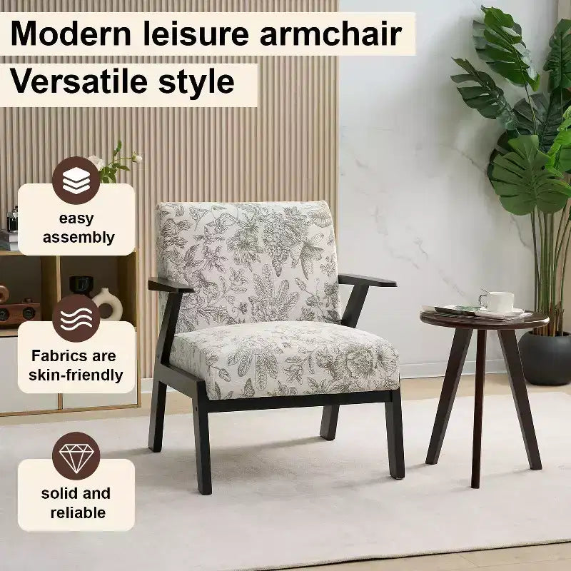 Poltrona lounge Mid-Century Modern con struttura in legno massiccio, poltrona imbottita per soggiorno, camera da letto o studio, beige + grigio
