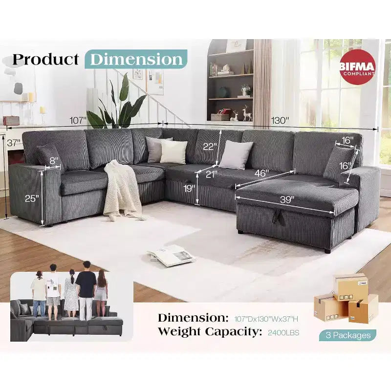 Divano letto da 130", Divano letto estraibile con contenitore, Divano letto convertibile a 6 posti per soggiorno