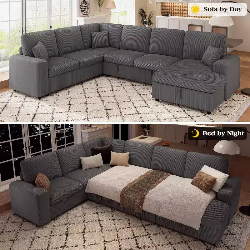 Divano letto da 130", Divano letto estraibile con contenitore, Divano letto convertibile a 6 posti per soggiorno