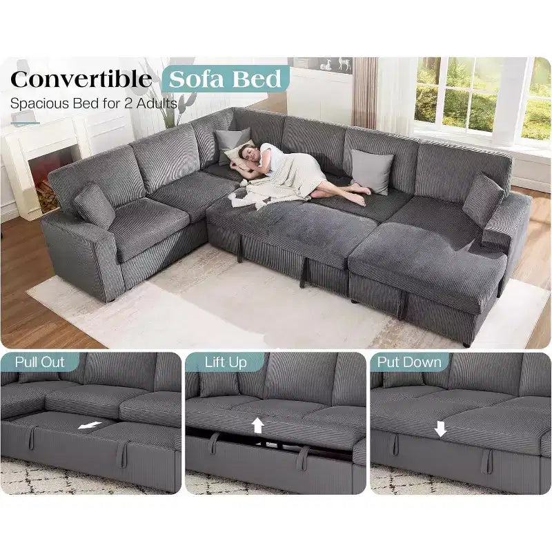 Divano letto da 130", Divano letto estraibile con contenitore, Divano letto convertibile a 6 posti per soggiorno