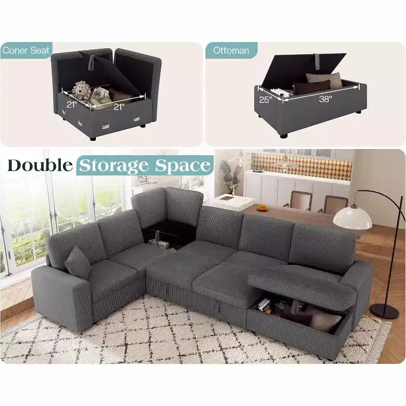 Divano letto da 130", Divano letto estraibile con contenitore, Divano letto convertibile a 6 posti per soggiorno