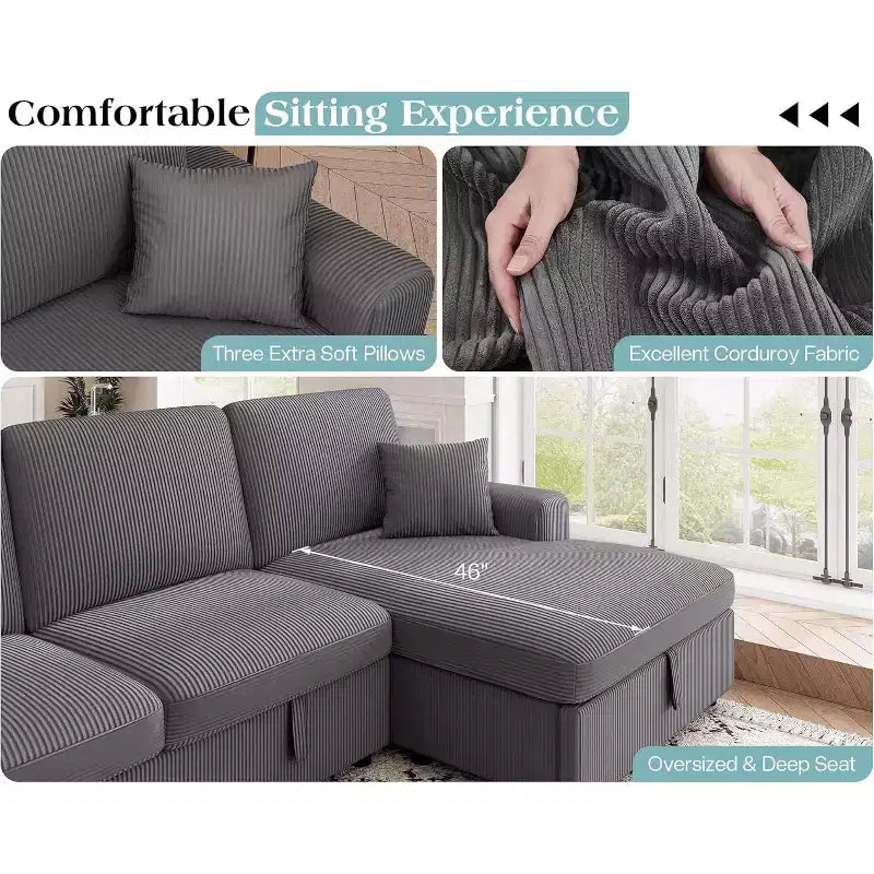 Divano letto da 130", Divano letto estraibile con contenitore, Divano letto convertibile a 6 posti per soggiorno