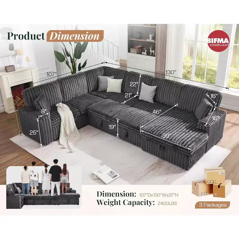 Divano letto da 130", Divano letto estraibile con contenitore, Divano letto convertibile a 6 posti per soggiorno
