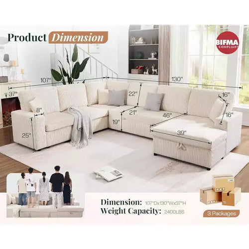130" Sofa Bed, Sleeper Sofa, Pull Out Sleeper Couch with Storage, Convertible 6-Seater for Living Room