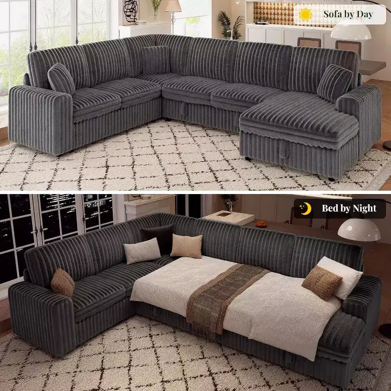 Divano letto da 130", Divano letto estraibile con contenitore, Divano letto convertibile a 6 posti per soggiorno