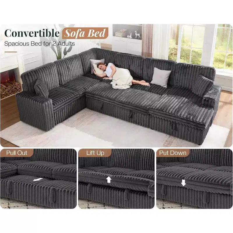 Divano letto da 130", Divano letto estraibile con contenitore, Divano letto convertibile a 6 posti per soggiorno