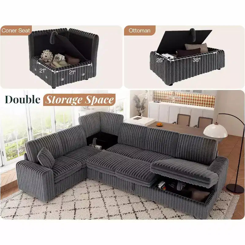 Divano letto da 130", Divano letto estraibile con contenitore, Divano letto convertibile a 6 posti per soggiorno