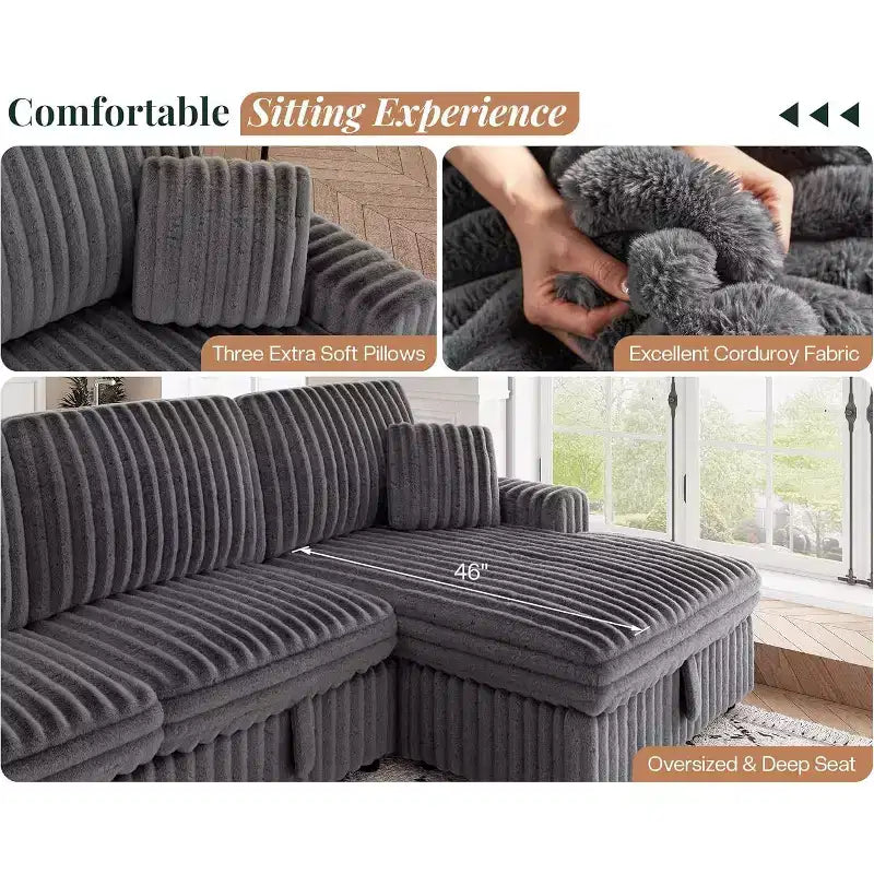 Divano letto da 130", Divano letto estraibile con contenitore, Divano letto convertibile a 6 posti per soggiorno