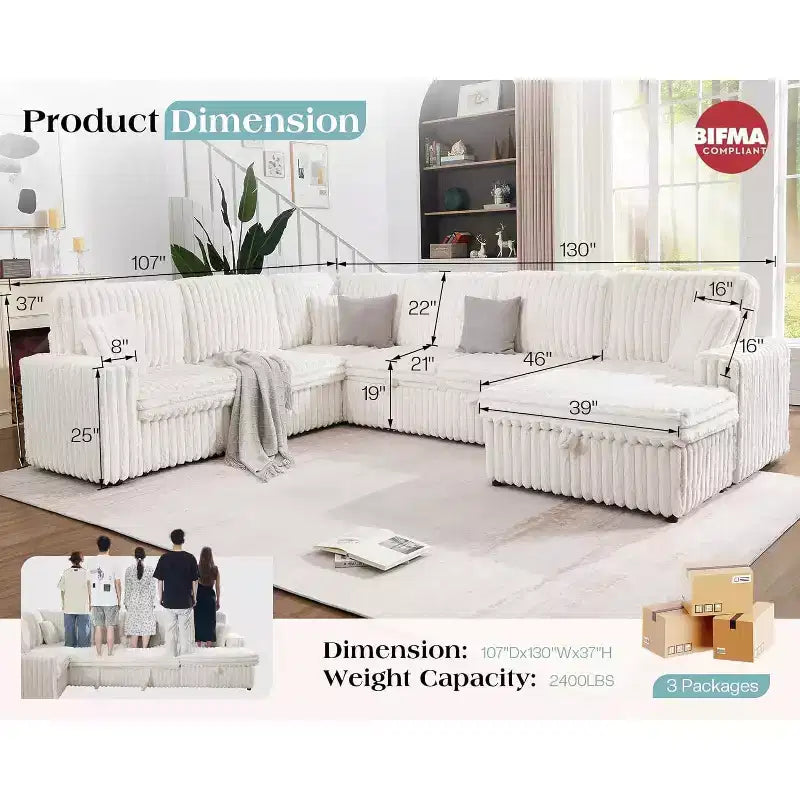 Divano letto da 130", Divano letto estraibile con contenitore, Divano letto convertibile a 6 posti per soggiorno