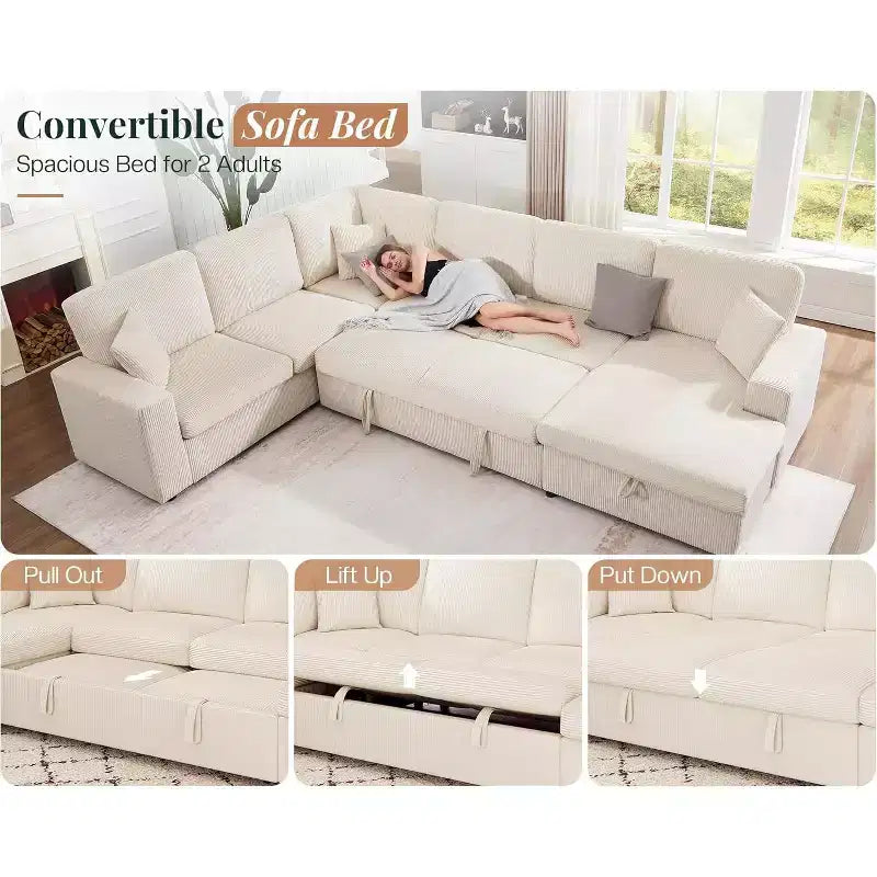Divano letto da 130", Divano letto estraibile con contenitore, Divano letto convertibile a 6 posti per soggiorno
