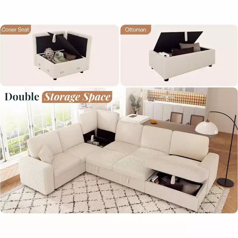 Divano letto da 130", Divano letto estraibile con contenitore, Divano letto convertibile a 6 posti per soggiorno