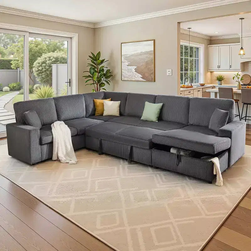 Divano letto da 130", Divano letto estraibile con contenitore, Divano letto convertibile a 6 posti per soggiorno