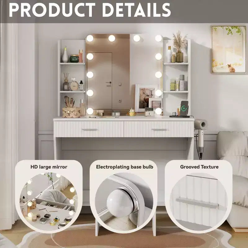 Toeletta con specchio a LED, grande toeletta da 100 cm con 3 luci regolabili