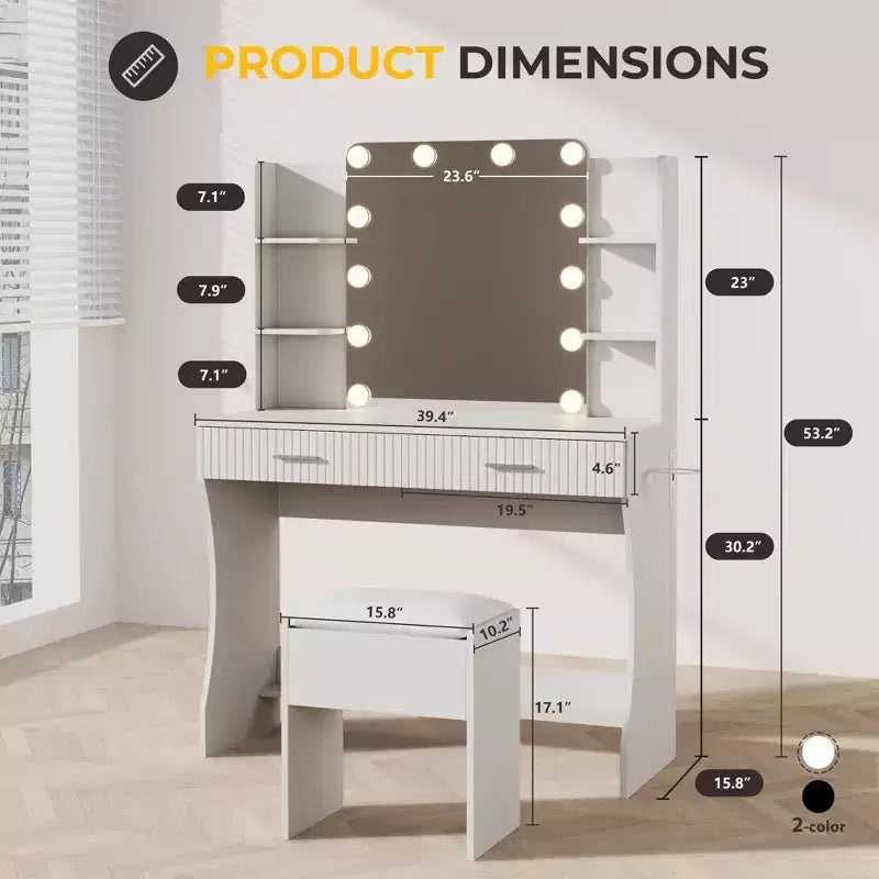 Toeletta con specchio a LED, grande toeletta da 100 cm con 3 luci regolabili
