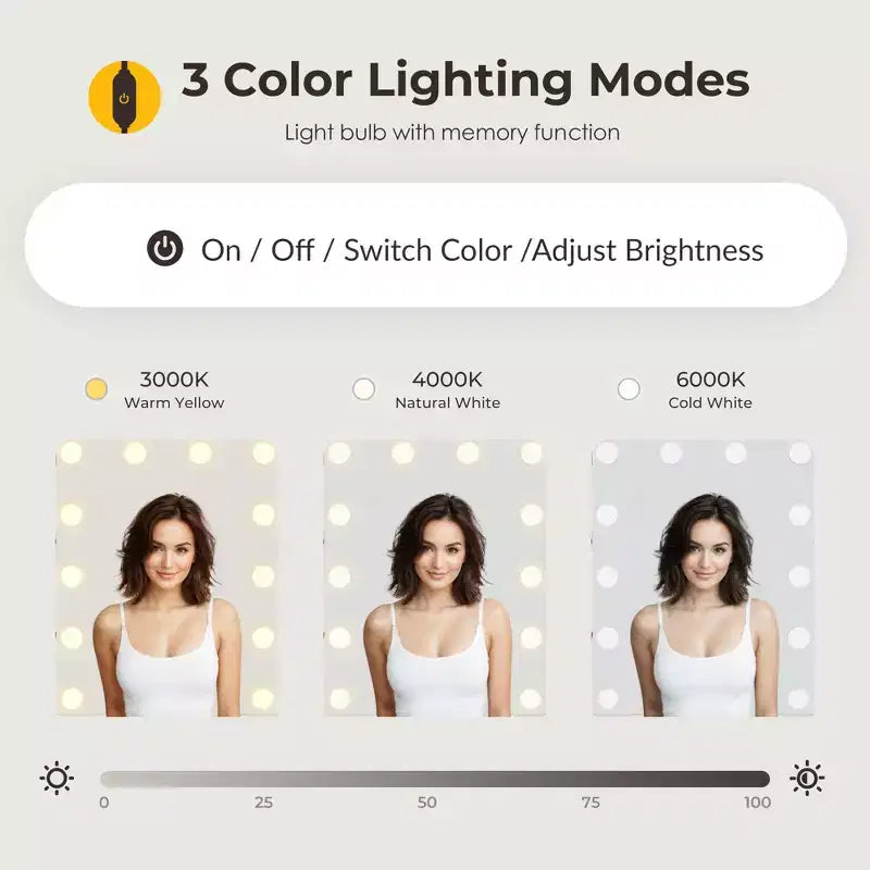 Toeletta con specchio a LED, grande toeletta da 100 cm con 3 luci regolabili