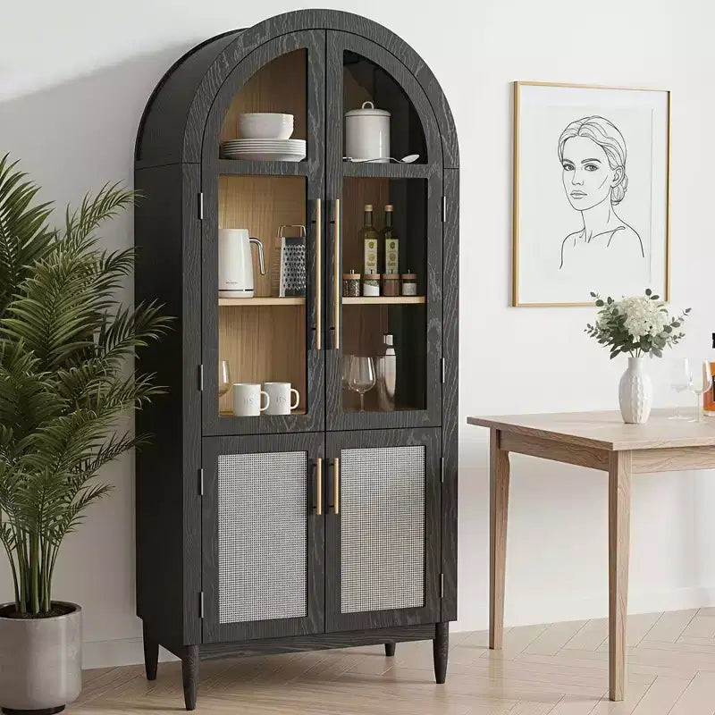 Mobile contenitore ad arco alto 71", ante in vetro, gambe in legno massello, nero