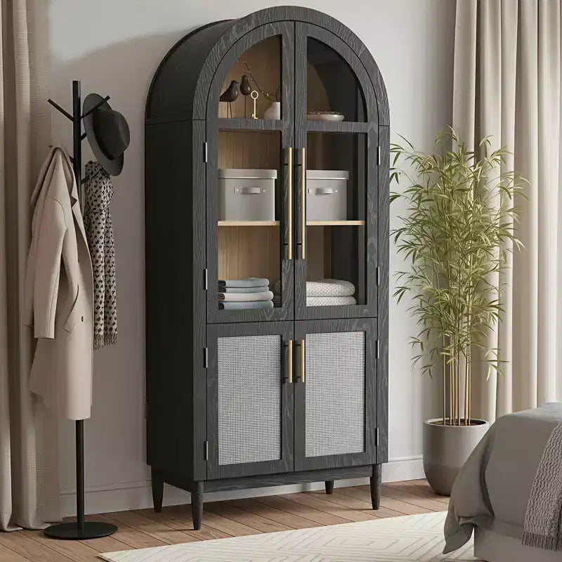 Mobile contenitore ad arco alto 71", ante in vetro, gambe in legno massello, nero