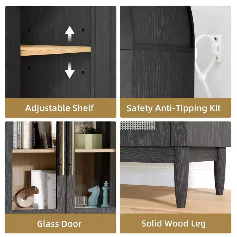 Mobile contenitore ad arco alto 71", ante in vetro, gambe in legno massello, nero