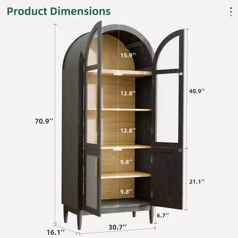 Mobile contenitore ad arco alto 71", ante in vetro, gambe in legno massello, nero