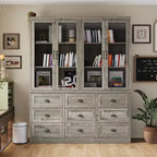 Famapy Rustic Gray Glass-Door Bookcase: Adjustable Shelves & 9 Drawers  Spacious Storage for Organized Home Libraries