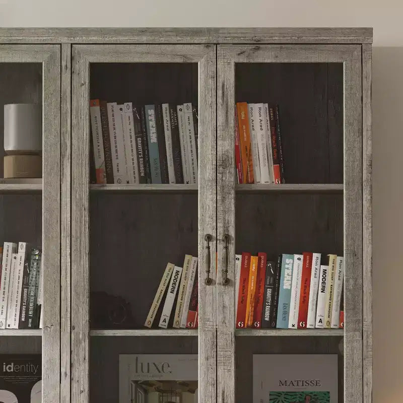 Libreria Rustica Grigia con Ante in Vetro: Ripiani Regolabili e 9 Cassetti, Ampio Spazio per Biblioteche Domestiche Organizzate